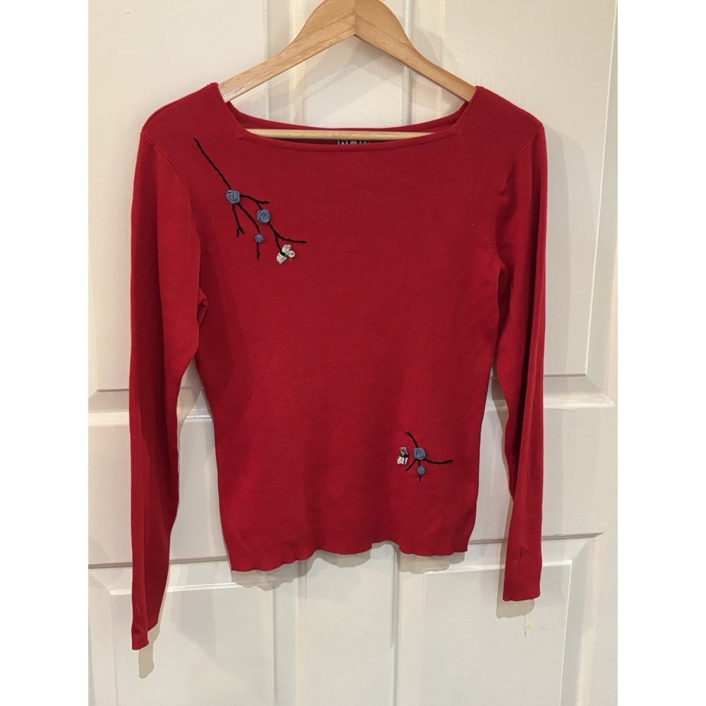 Vintage CLIO Embroidered  Silk & Cotton Red Sweater ~ Size Small